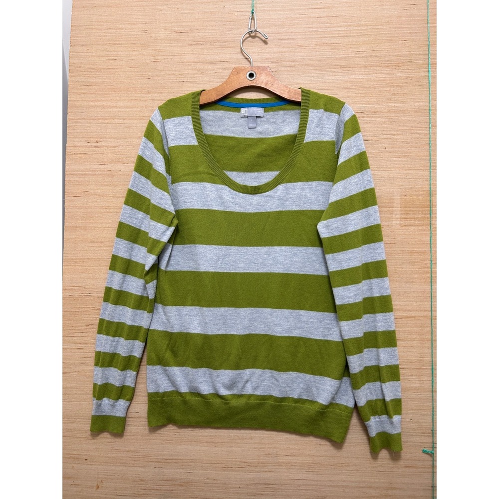 JCP Womens Cashmere Blend Striped Scoop Neck Sweater Green‎ Gray Large
